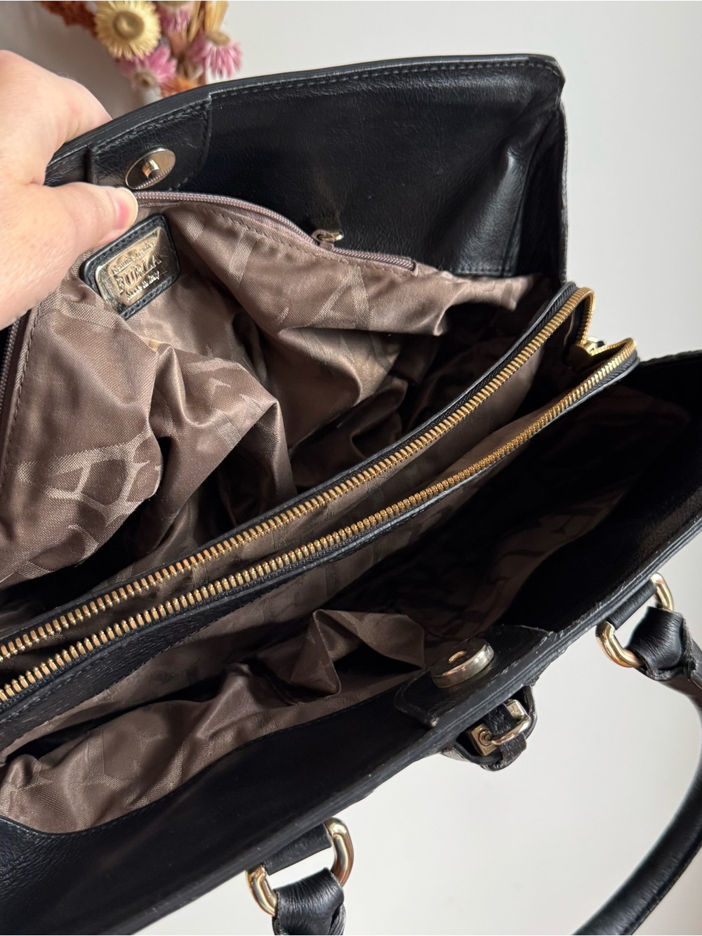Furla Black Leather Tote Bag Gold Hardware Structured Satchel Purse - Picture 13 of 15